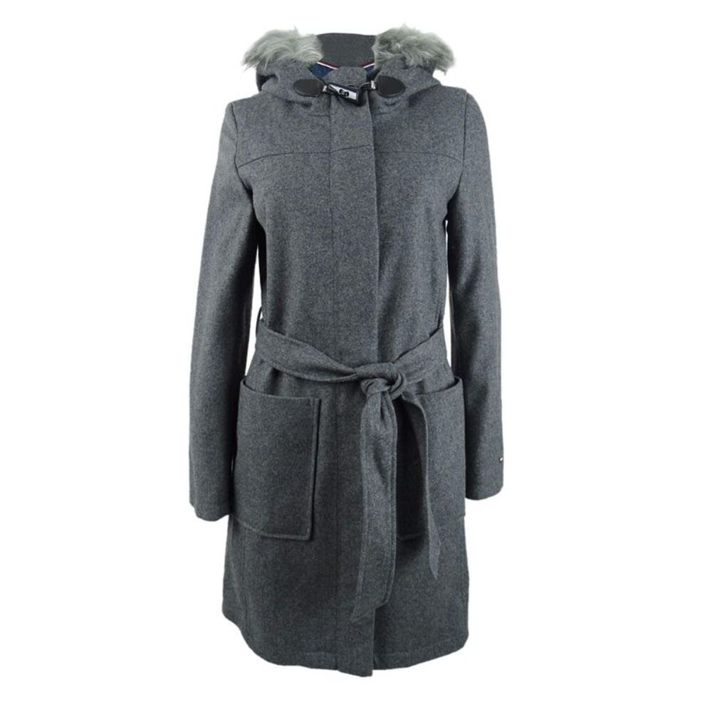 Tommy Hilfiger Women's Belted Faux-Fur-Trim Hooded Coat (XS, Heather Grey)
